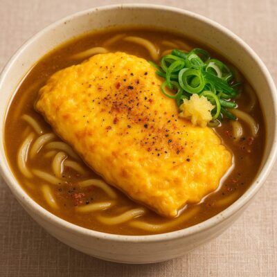 チーズオムレツ入りコモうどんのレシピ（カレー粉＝コモミックス）