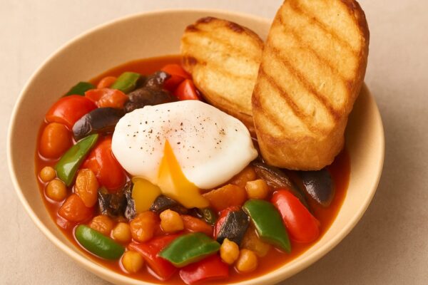 コモミックスで野菜の煮込みポーチドエッグ添えのレシピ(カレー粉=コモミックス)