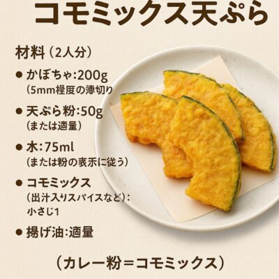 かぼちゃのコモミックス天ぷらのレシピ(カレー粉=コモミックス)