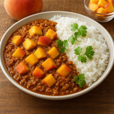 桃入りキーマカレーのレシピ(カレー粉=コモミックス)