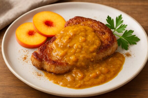 桃カレーソースのポークソテーのレシピ(カレー粉=コモミックス)