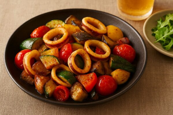 イカと夏野菜のスパイスソテーのレシピ（カレー粉＝コモミックス）