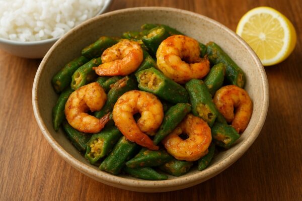 エビとオクラのスパイス炒めのレシピ（カレー粉＝コモミックス）