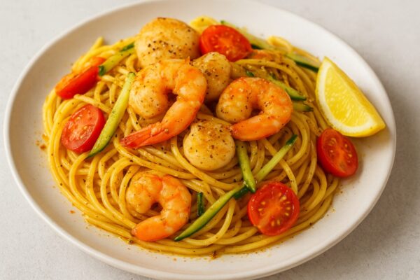 スパイス香る魚介の冷製パスタのレシピ（カレー粉＝コモミックス）