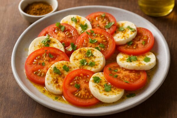 トマトとモッツァレラのスパイスカプレーゼのレシピ(カレー粉=コモミックス)