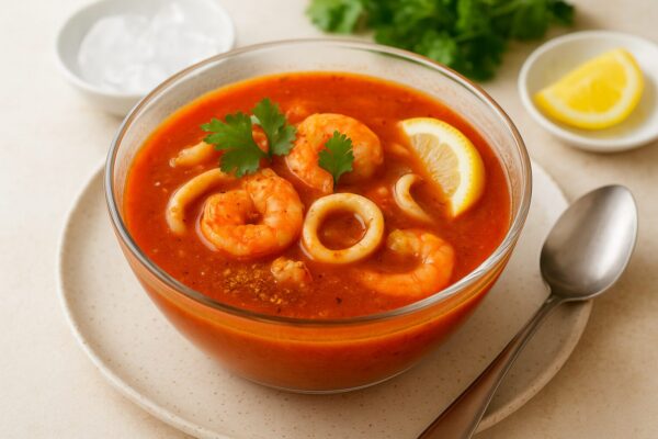 スパイシー魚介の冷やしカレースープのレシピ（カレー粉＝コモミックス）